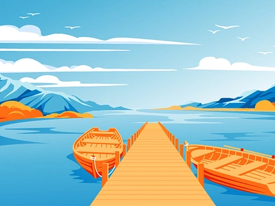 Autumn pier autumn boat fall flat illustration lake landscape mountain recreation season tranquility travel turism vacation vector art water zen