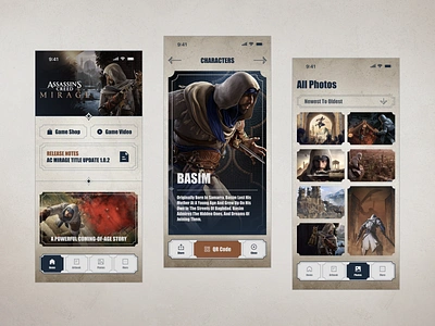 Assassins-Creed Mirage Mobile App 2023 app app design assassins assassins creed mirage card design game game design photo play player profile ui ux