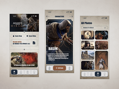 Assassins-Creed Mirage Mobile App 2023 app app design assassins assassins creed mirage card design game game design photo play player profile ui ux