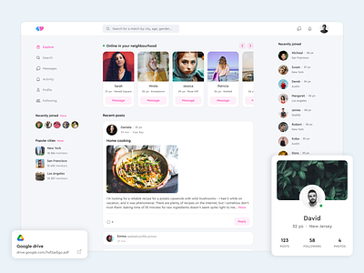 Dating home feed clean components dashboard dating dating app feed follow followers home match news post posts profile ui ui design ux ux design web