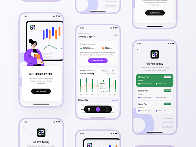 BP Tracker Pro: Blood Pressure and Pulse tracking mobile app app chart design health in app purchase mobile onboarding tracking ui ux
