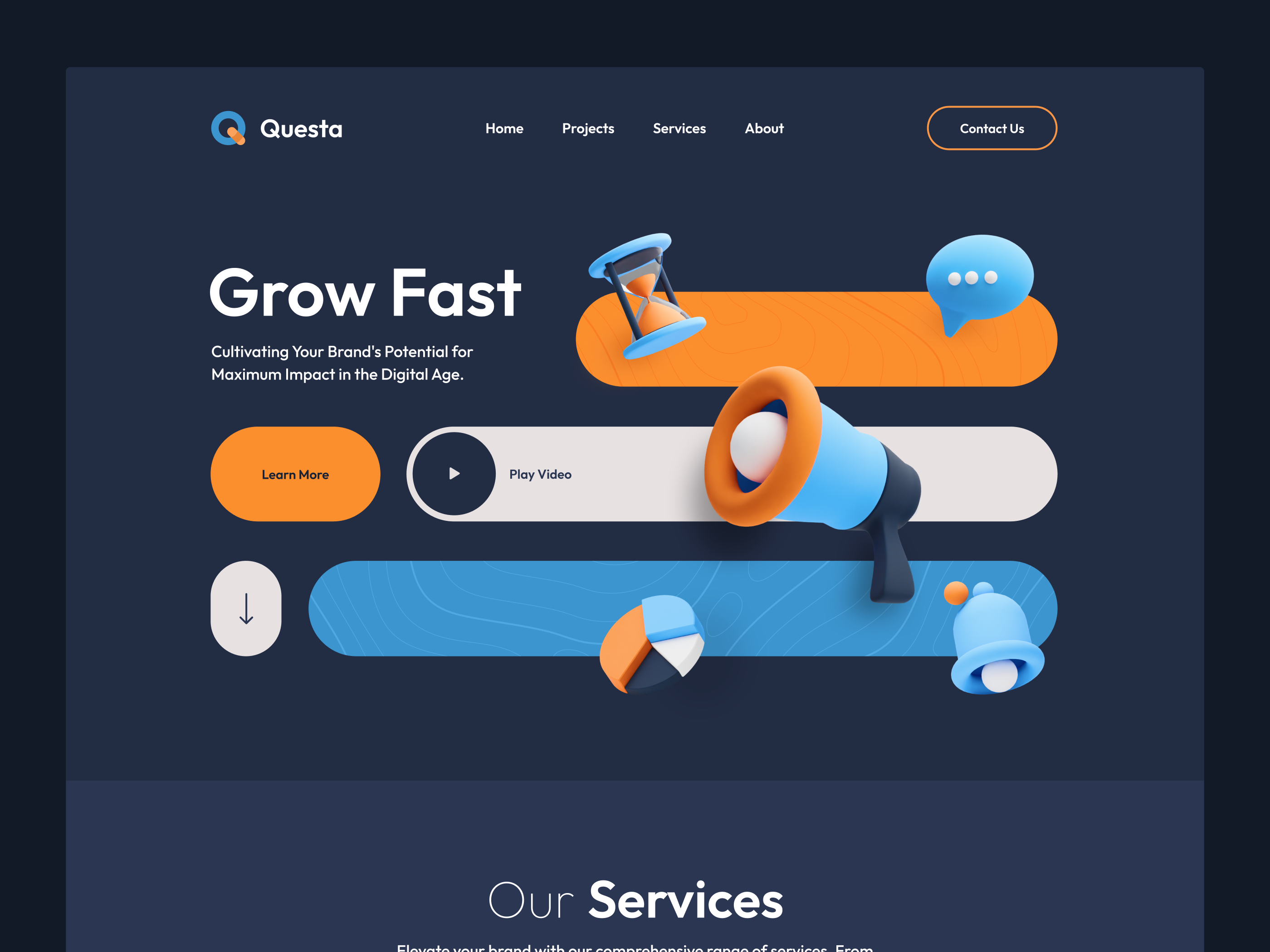 Questa Marketing - Personal Project 3d 3d design 3d icon 3d illustration 3d website design colorful creative dark design digital marketing ui ux webdesign website design