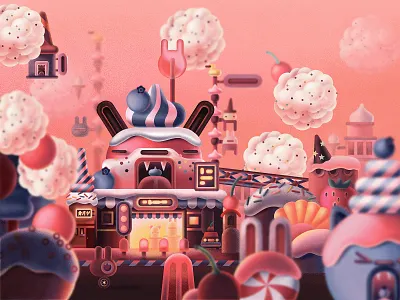 Sweetland 2d background berry candy character characterdesign city dessert digital food graphic design icecream illustration image sweet sweetland town world