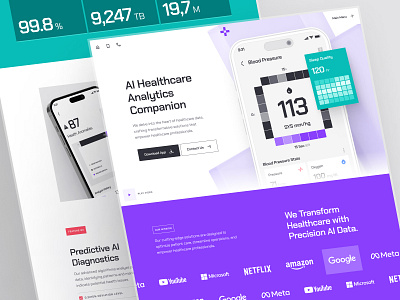 turing: AI Health Analytics Website | Predictive Health | Home analytics website clean futuristic health analytics health analytics landing page health analytics website healthcare healthcare ai healthcare analytics healthcare data heatlh anomaly landing page minimal predictive analytics predictive health purple square teal ui kit web design