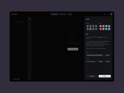 Okashi profile settings avatar blockchain clean dark theme dev tool minimal playground smart contract web3