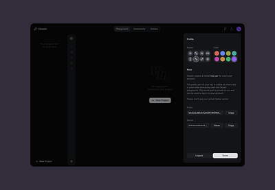 Okashi profile settings avatar blockchain clean dark theme dev tool minimal playground smart contract web3