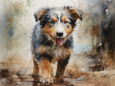 비를 맞고있는 강아지 illustration
