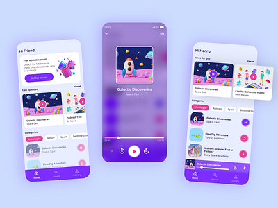 Kids Podcast App UI 3d app branding children colorfull design mobile app mobile design onboarding podcast ui ux