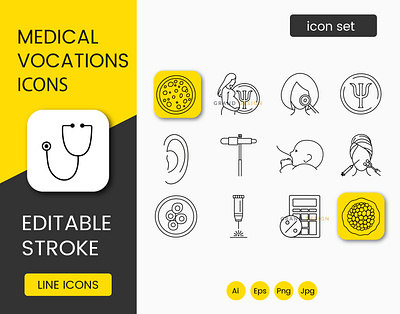 Medical professions vector line icons set malignant tumor