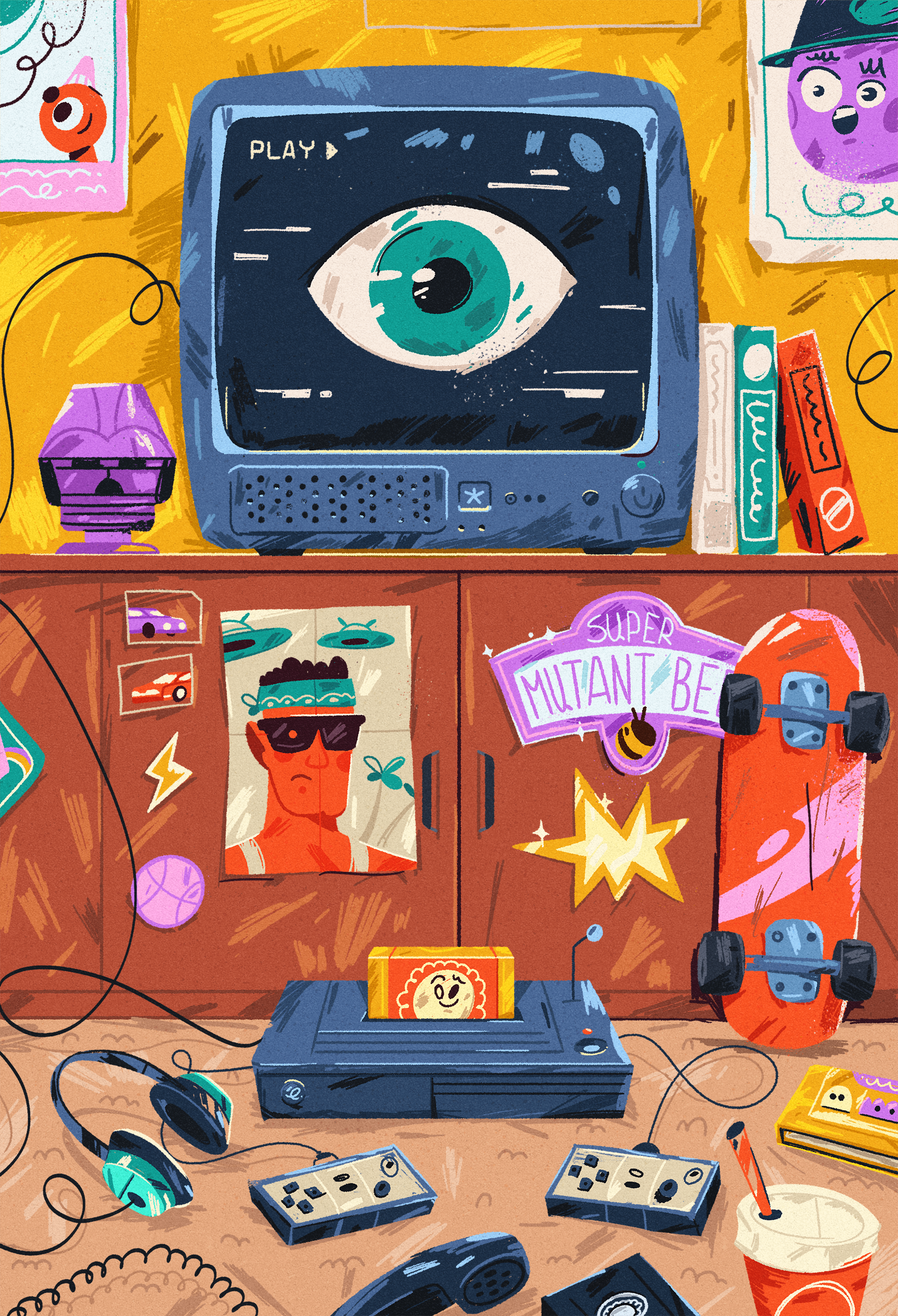 Old video games 8 bit 90s aestetic art cartoon character geek illustration nerd room tv videogames vintage youth