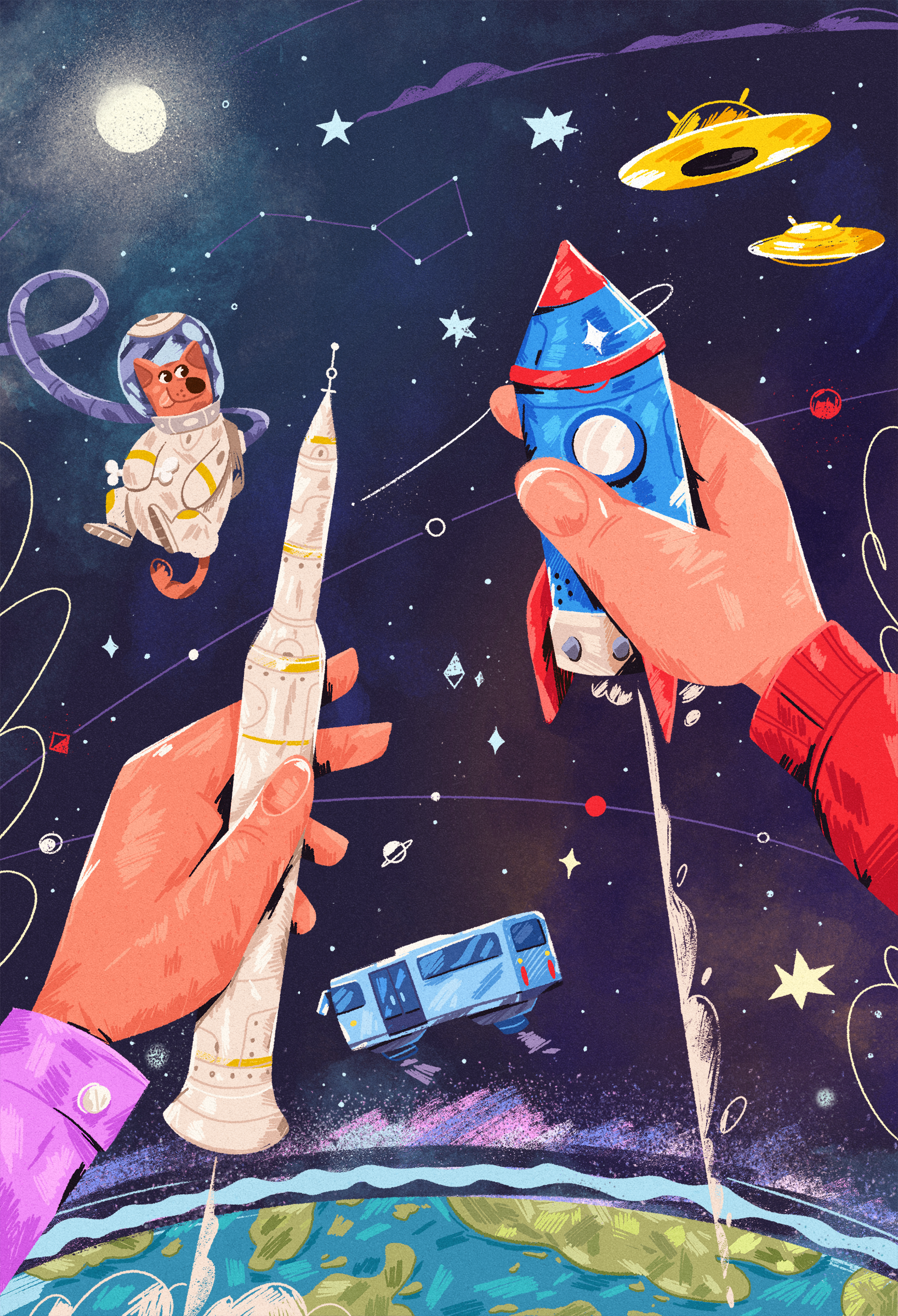 Going to the stars 2d art astronaut boardgame cartoon character dog funny illustration play rocket space stars toy ufo