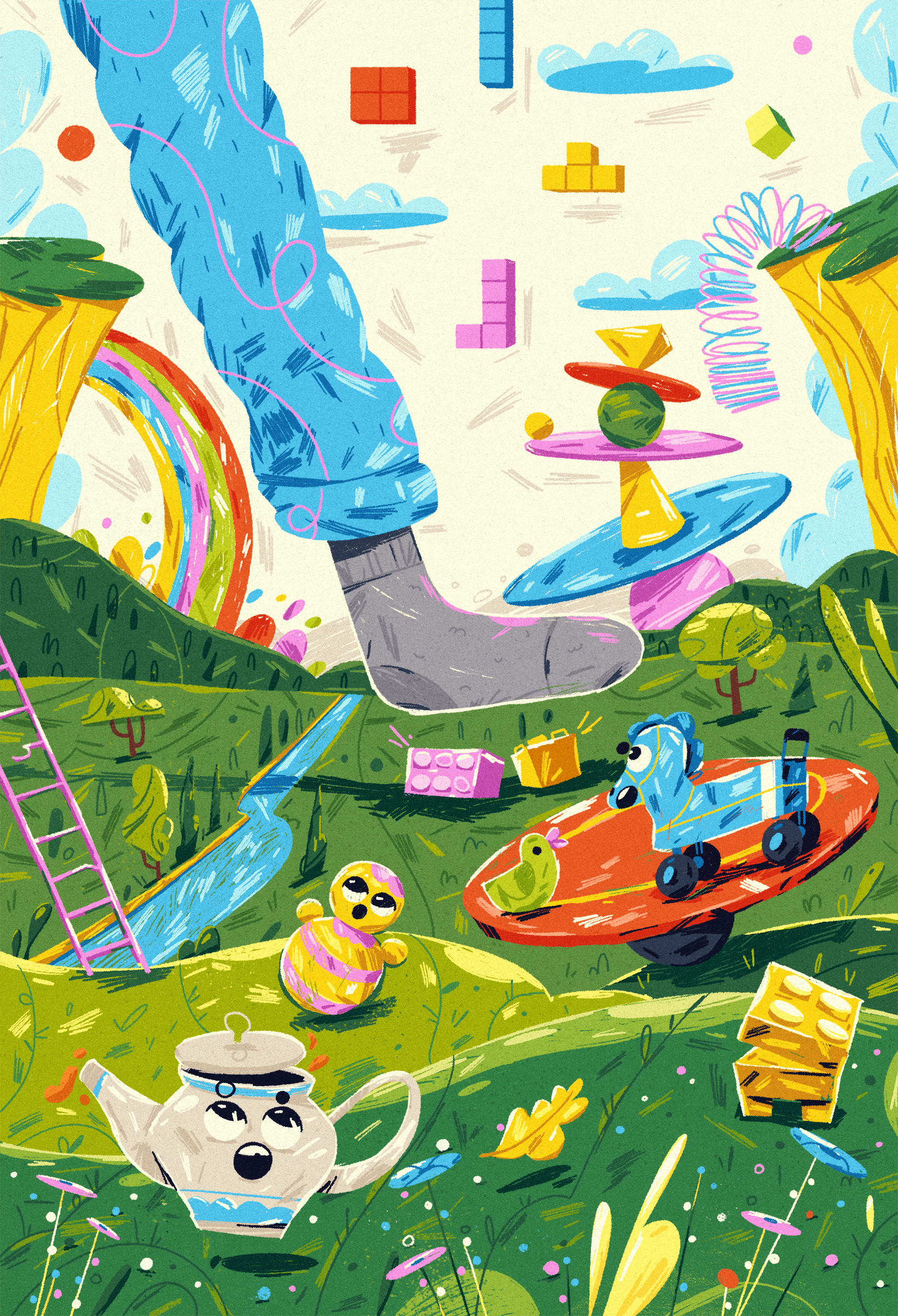 Watch out! art boardgame cartoon character children danger dream funny illustration imagination lego rainbow toys