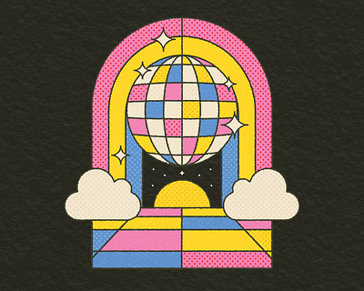 Retro Disco Ball 1960s 1970s boho rainbow clouds dancefloor disco disco ball geometric halftone hippie love mirror ball pastel pattern peace retro texture vector vintage