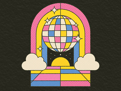 Retro Disco Ball 1960s 1970s boho rainbow clouds dancefloor disco disco ball geometric halftone hippie love mirror ball pastel pattern peace retro texture vector vintage