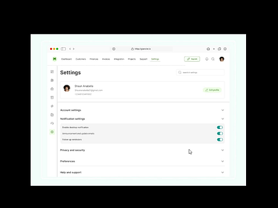 Profile settings for a B2B customer relationship mgt tool. b2b dashboard design productdesign profilesettings ui