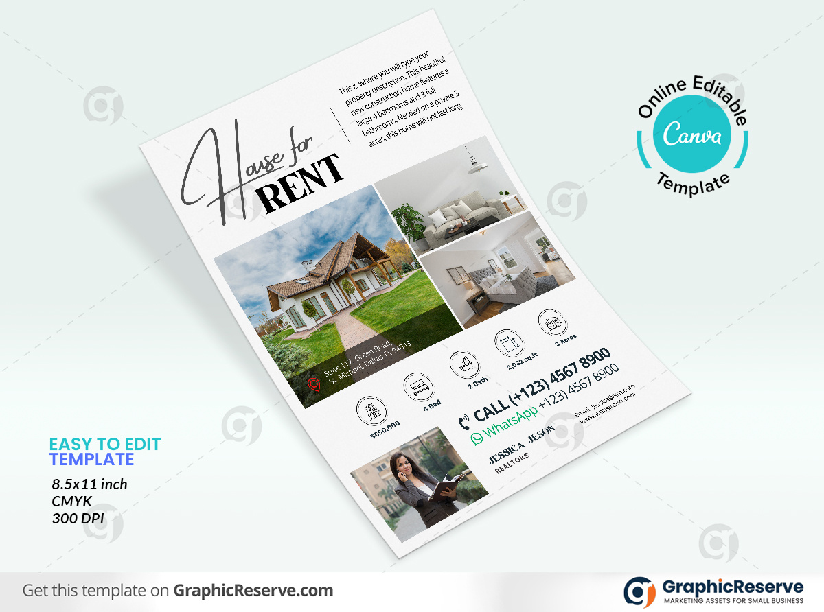 House for Rent Real Estate Flyer Design Canva Template by Graphic