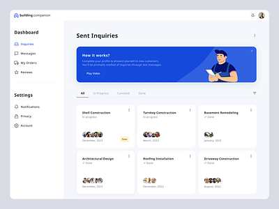 Managing Inquiries for House Construction animation arbnb builder clean construction services dashboard diy flow home home building house house construction managin inquires simple table uber ui user panel userpanel