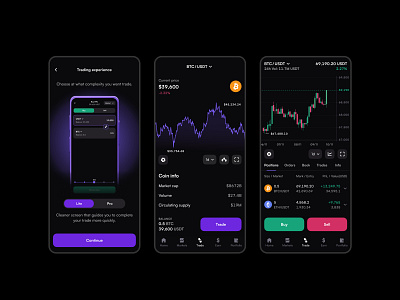 Crypto trading app - lite and pro bitcoin crypto dark mode lite mobile design mobile ui mobile ux pro trade trading app