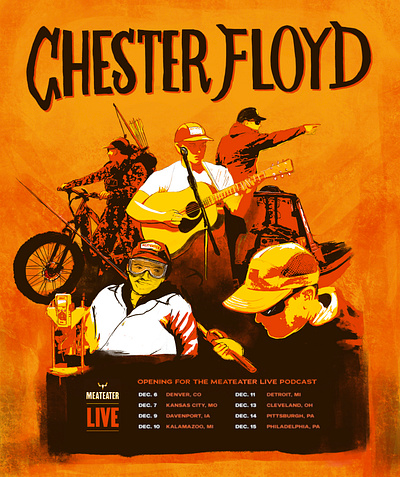 Chester Floyd Poster band chester drawing fishing floyd gig guitar hand drawn hunting illustration janis putelis meateater music opener podcast poster procreate steven rinella tour