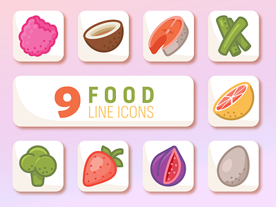 9 Bright & Juicy line icons of healthy food broccoli button coconut cute design egg fish food fruit grapefruit graphic design healthy icons illustration logo meal mobile app salmon straeberry vegetables