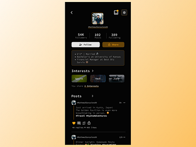 DailyUI 006 - User Profile app appdesign clean daily ui 006 daily ui 006 user profile dailyui dark design orange posts social media app social media user profile ui user profile