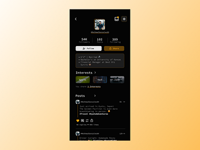 DailyUI 006 - User Profile app appdesign clean daily ui 006 daily ui 006 user profile dailyui dark design orange posts social media app social media user profile ui user profile