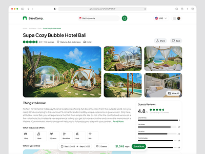 BaseCamp - Accommodations Details Web Page accomodations airbnb booking framer homepage homestays hotel hotel booking journey landing page real estate reservation web room travel trip vacation villa web design webflow website