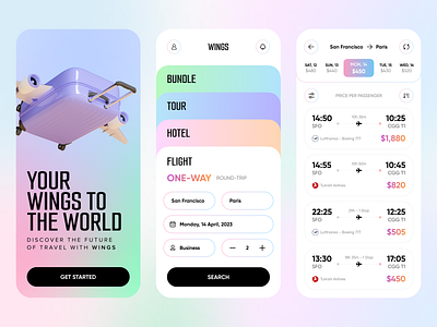 Travel App (WINGS) clean flight gradient hotel product design ticket tickets travel travel app trip ui uiux ux world