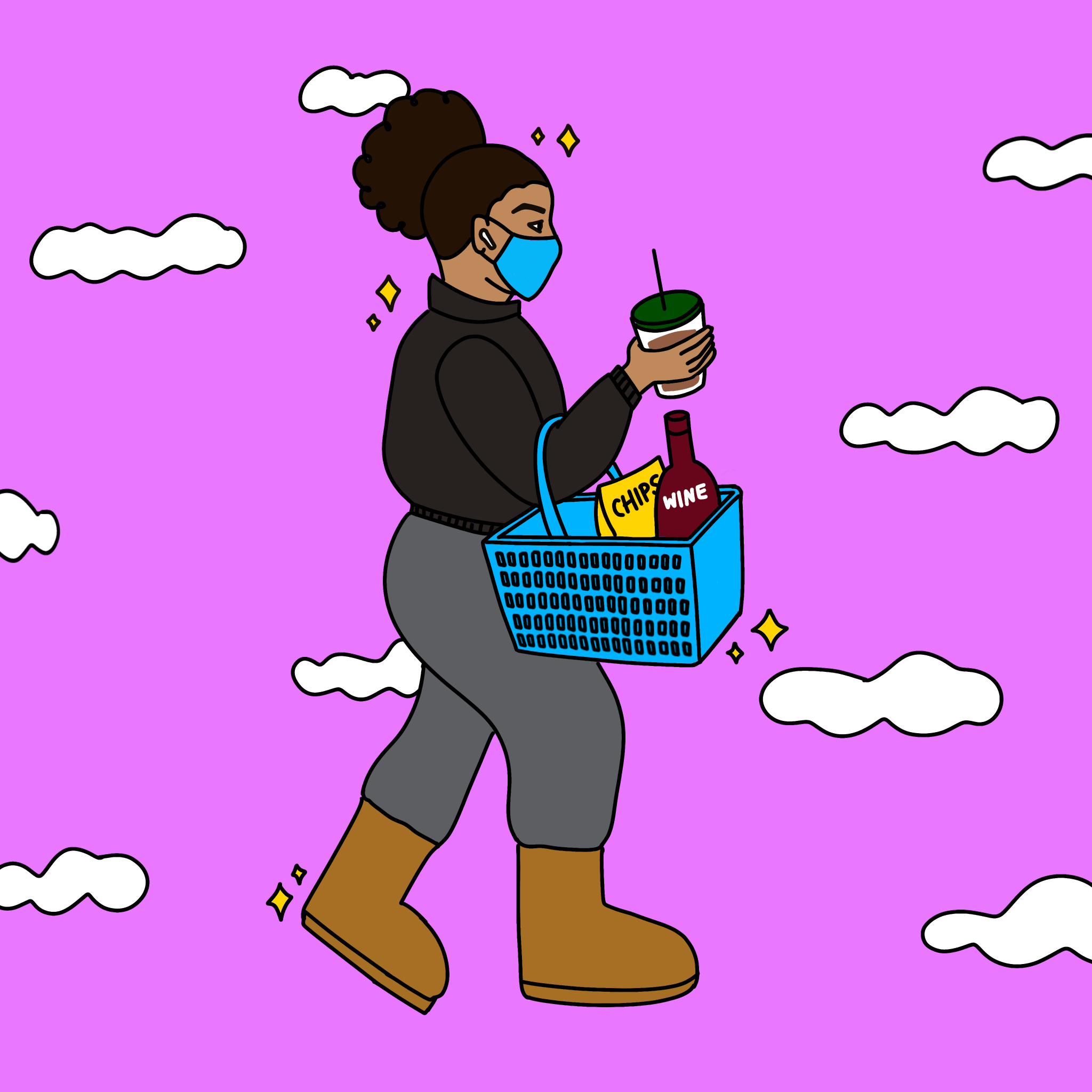 Shopping Girl character illustration clouds doodle grocery mask purple shopping sparkle uggs wine