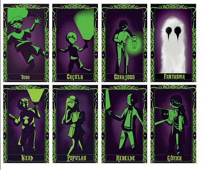 Cartas de personagem character cards graphic design horror game illustation