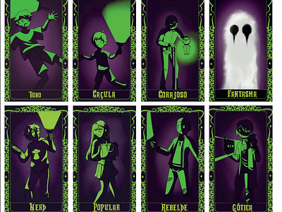 Cartas de personagem character cards graphic design horror game illustation