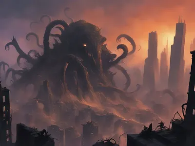 Impending ancient city cityscape cosmic creepy cthulhu darkfantasy digital painting dystopian fanart horror lovecraft lovecraftian monster myth scifi