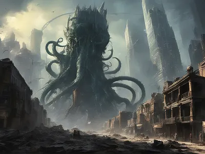 The Seeker ancient city cityscape cosmic creepy cthulhu darkfantasy destruction digital painting dystopian fanart horror lovecraft lovecraftian monster scifi