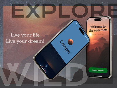 Travel App Design app camp camping design dream explore hill iphone life live mobile mockup nature sunset travel ui usa ux wild wilderness