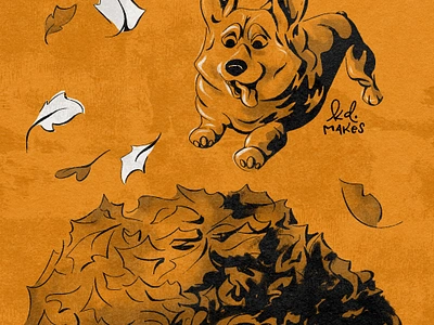 Day 9 - Bounce | Inktober 2023 autumn book bounce challenge children corgi dog fall illustration ink inktober kid leaf leaves lit october pile texture