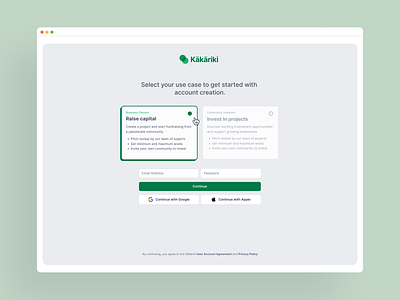 Sign up page with dual user-types figma fintech green responsive design sign up