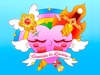 Peachtober23: Ship colorful cute dagger design enemies to lovers fanfiction flat heart heroes and villains illustration illustrator kawaii knife love magic magical girl reading romance texture vector