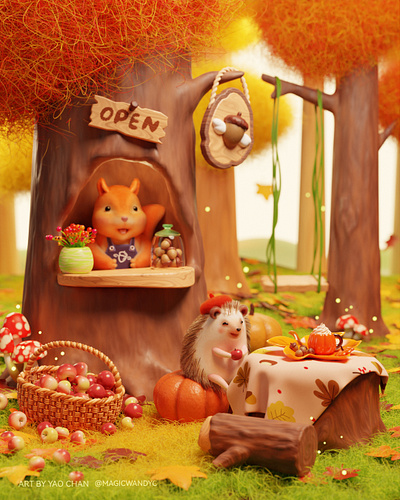 Autumn Cafe🍂🍁☕️ 3d 3d art animal animation autumn blender cafe coffee cozy cute diorama fall forest hedgehog illustration landscape modeling render squirrel tiny