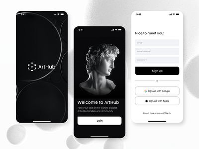 ArtHub app art black clean color dark design home iphone minimal mobile monochrome native sign up splash ui ux uxui