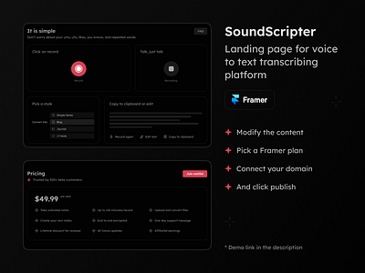 SoundScripter: voice to text transcribing platform ai framer template landing page voice to text
