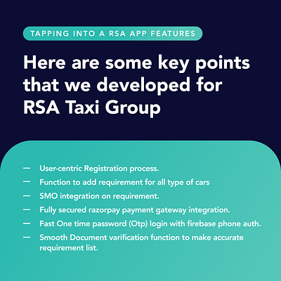 Here are some key points that we developed for RSA Taxi Group app branding design illustration jaraware jarawareinfosoft logo ui ux