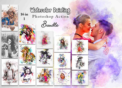 16 Watercolor Painting Photoshop Action Bundle professional photoshop