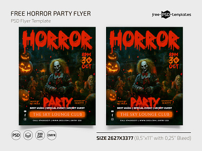 Free Horror Party Flyer Template + Instagram Post (PSD) design event flyer flyers free freebie halloween horror party photoshop print printed psd pumpkin red template templates