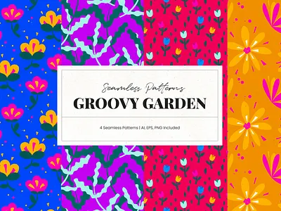 Groovy Garden Patterns branding cover design digital design flowers garden graphic design groovy packaging design plants poster design print design product design textile design wallpaper design