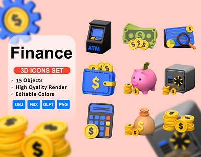 Finance 3D icons Set 💵🏧 atm machine dollar coin money wallet