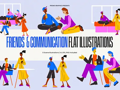 Friends & Communication Flat Illustrations branding characters communication cover design design flat flat illustrations friends graphic design illustration illustrations neon packaging design people poster design print design product design social media design textile design webdesign