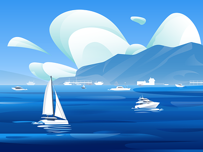 Yachts Illustration 2d art artwork beach blue boat boats design enviroment illustration landscape sea vector view water yacht