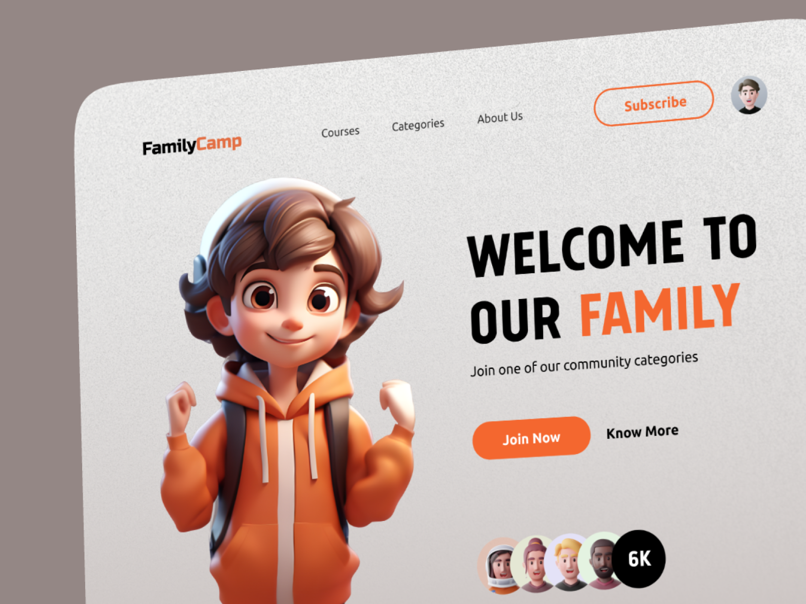 FamilyCamp – Creative Welcome Header Landing Page 3d blender cartoon community creative design family graphic header illustration interface landing minimalism nft service startup ui uiux usability ux