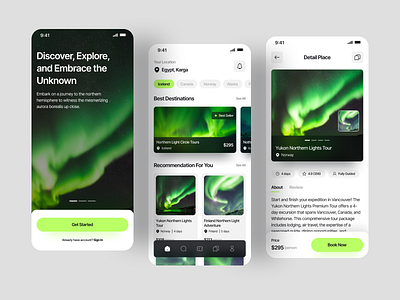 Nordic - Northern Lights Tours Travel App app aurora booking clean destination green mobile mobile app northern packages tour tourism tours travel travel app travelling trip ui design ui travel vacation