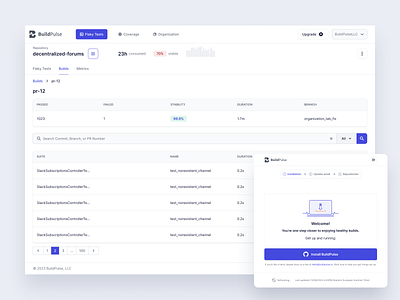 BuildPulse - Web App charts clean developer githab install purple tables ui ux web app